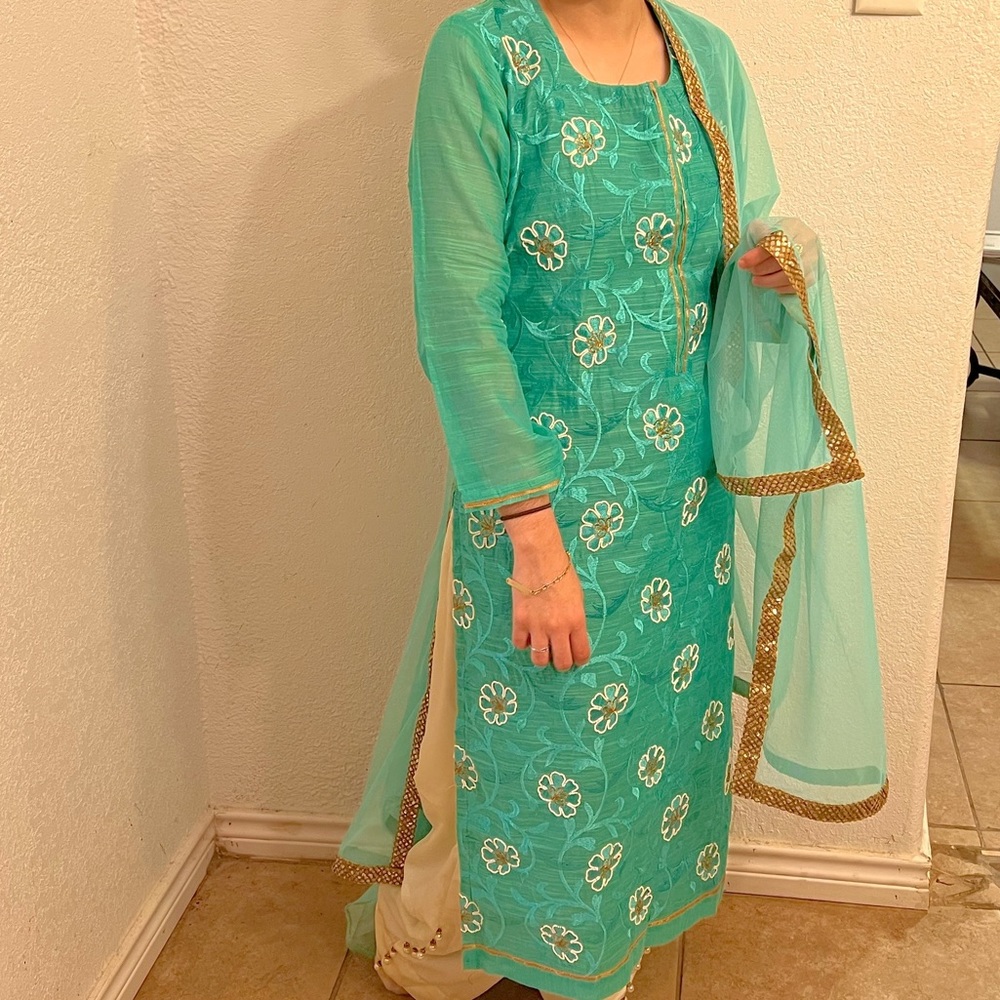 Kameez Teal Green Dress, Shalwar Pants & Depatta Shawl Large 3 Pieces